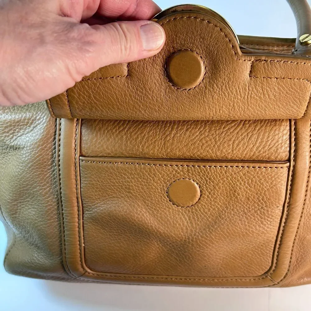 Tory Burch Amanda Caramel Tan Pebble Leather Dual Handle Satchel Handbag